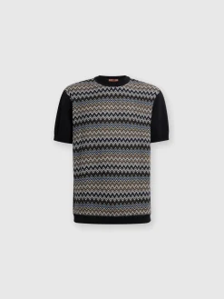 Zigzag cotton knit T-shirt with solid color inserts