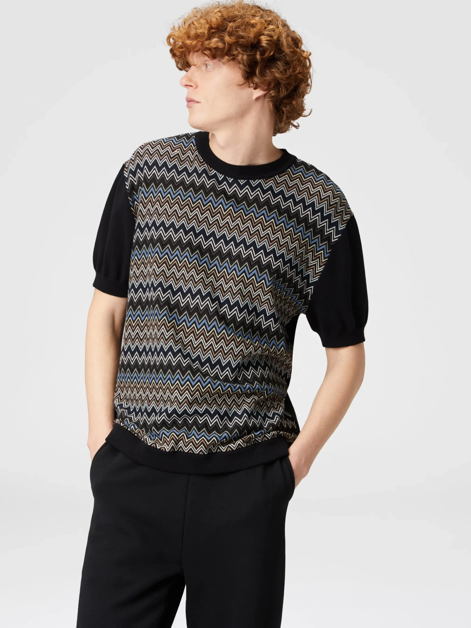Zigzag cotton knit T-shirt with solid color inserts