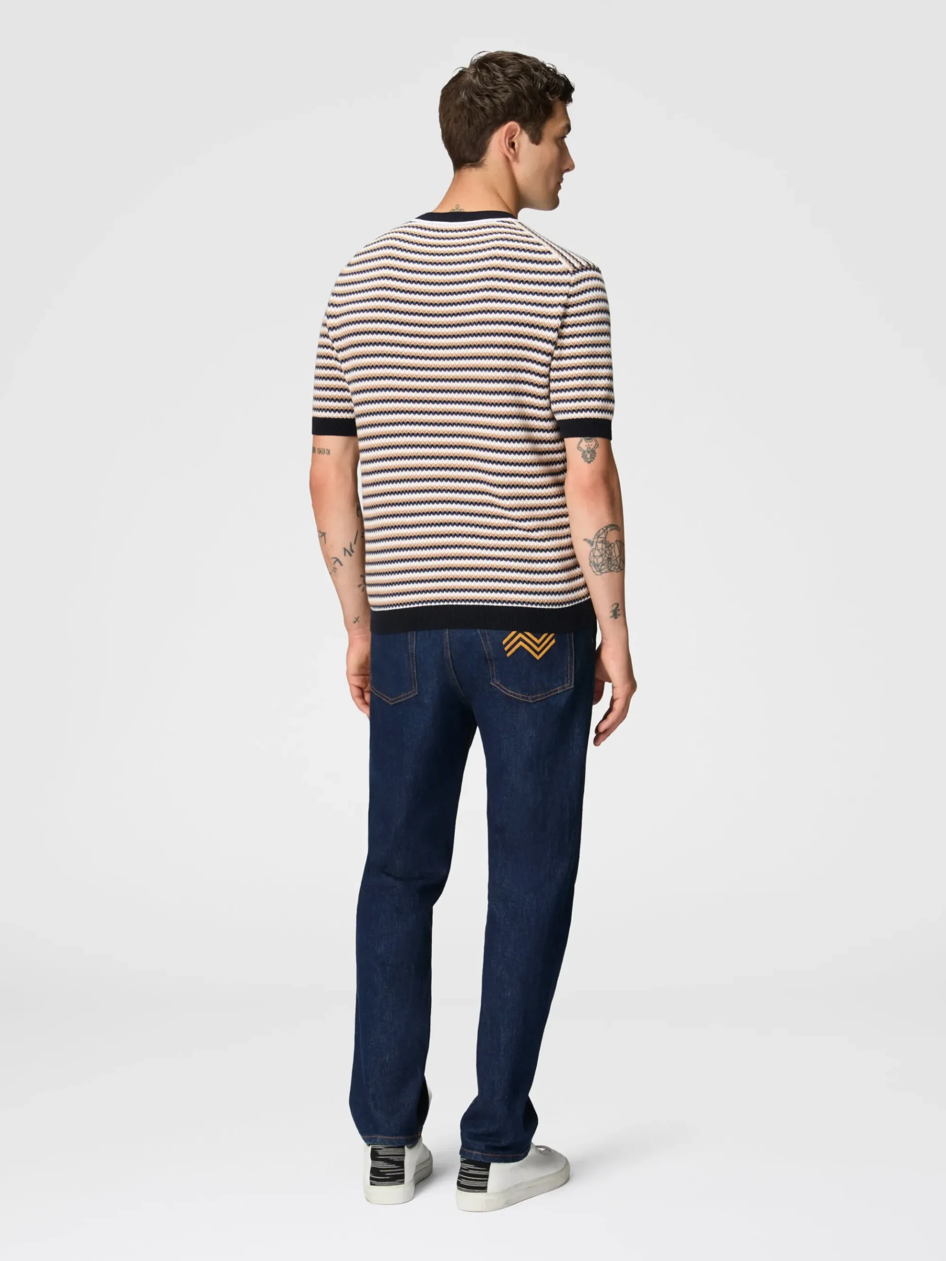 Zigzag cotton knit T-shirt with contrasting piping