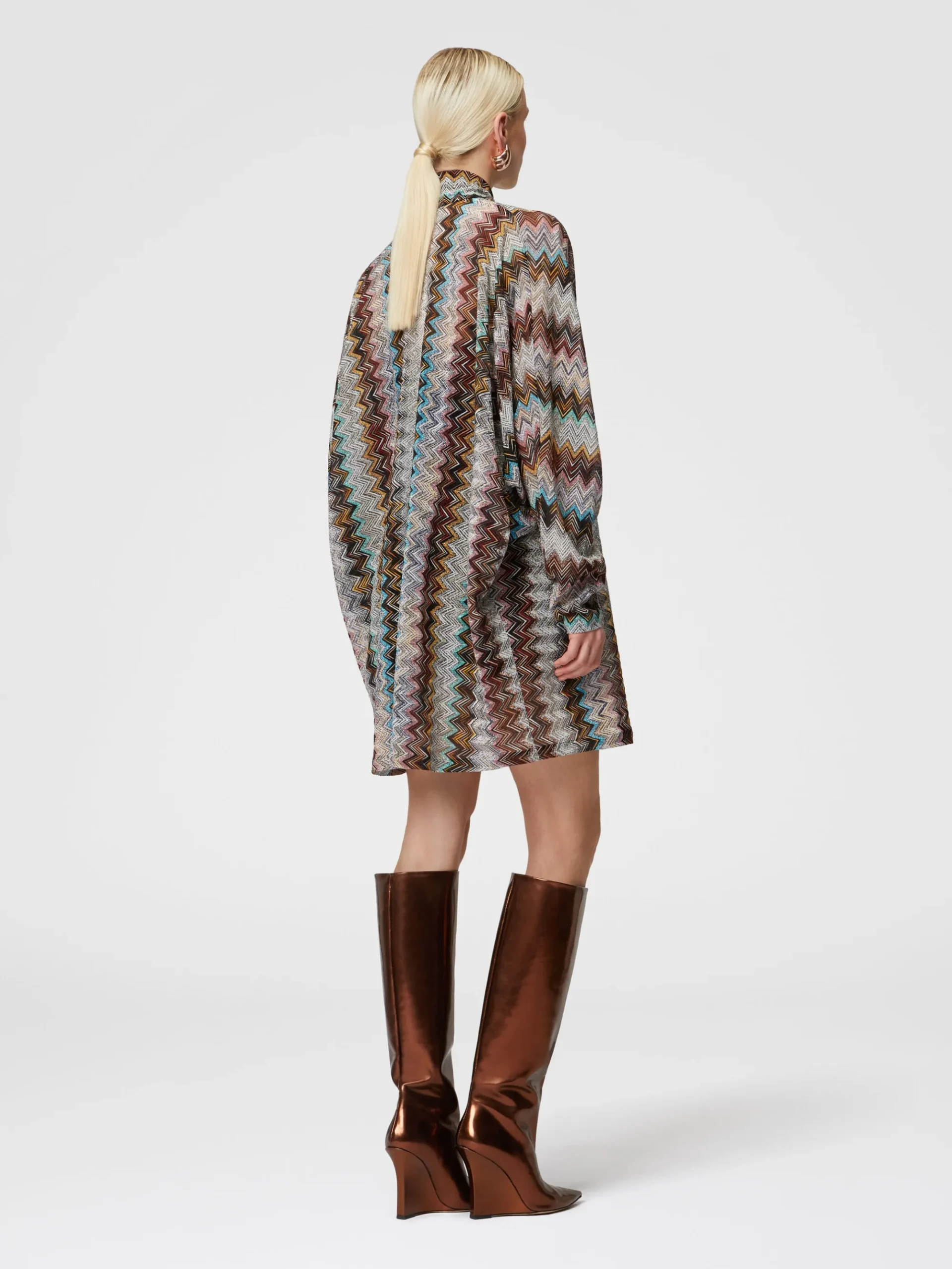 Zigzag lamé dress with scarf collar