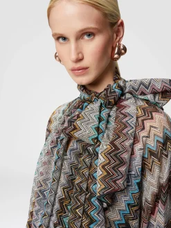 Zigzag lamé dress with scarf collar