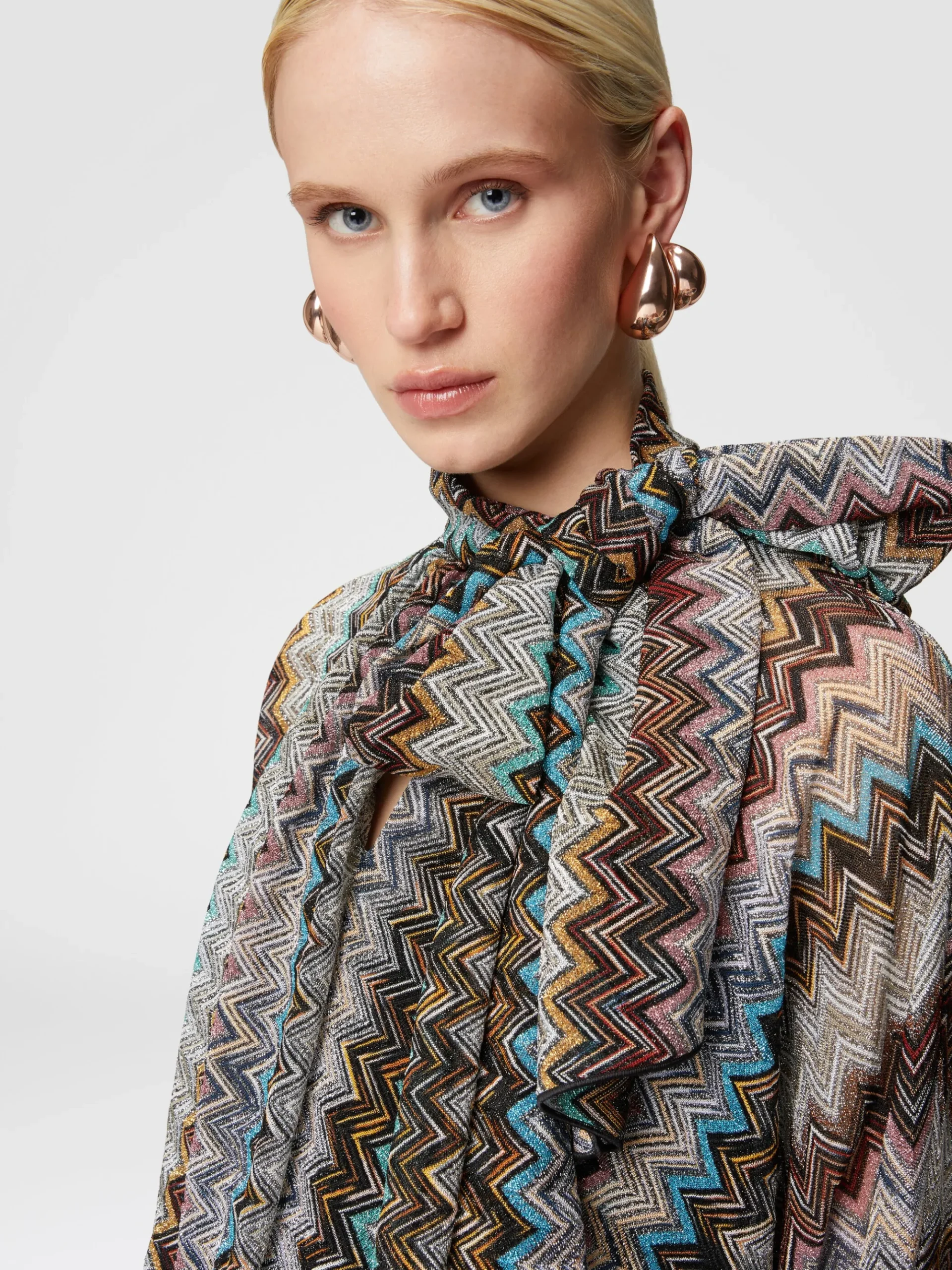 Zigzag lamé dress with scarf collar