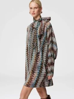 Zigzag lamé dress with scarf collar
