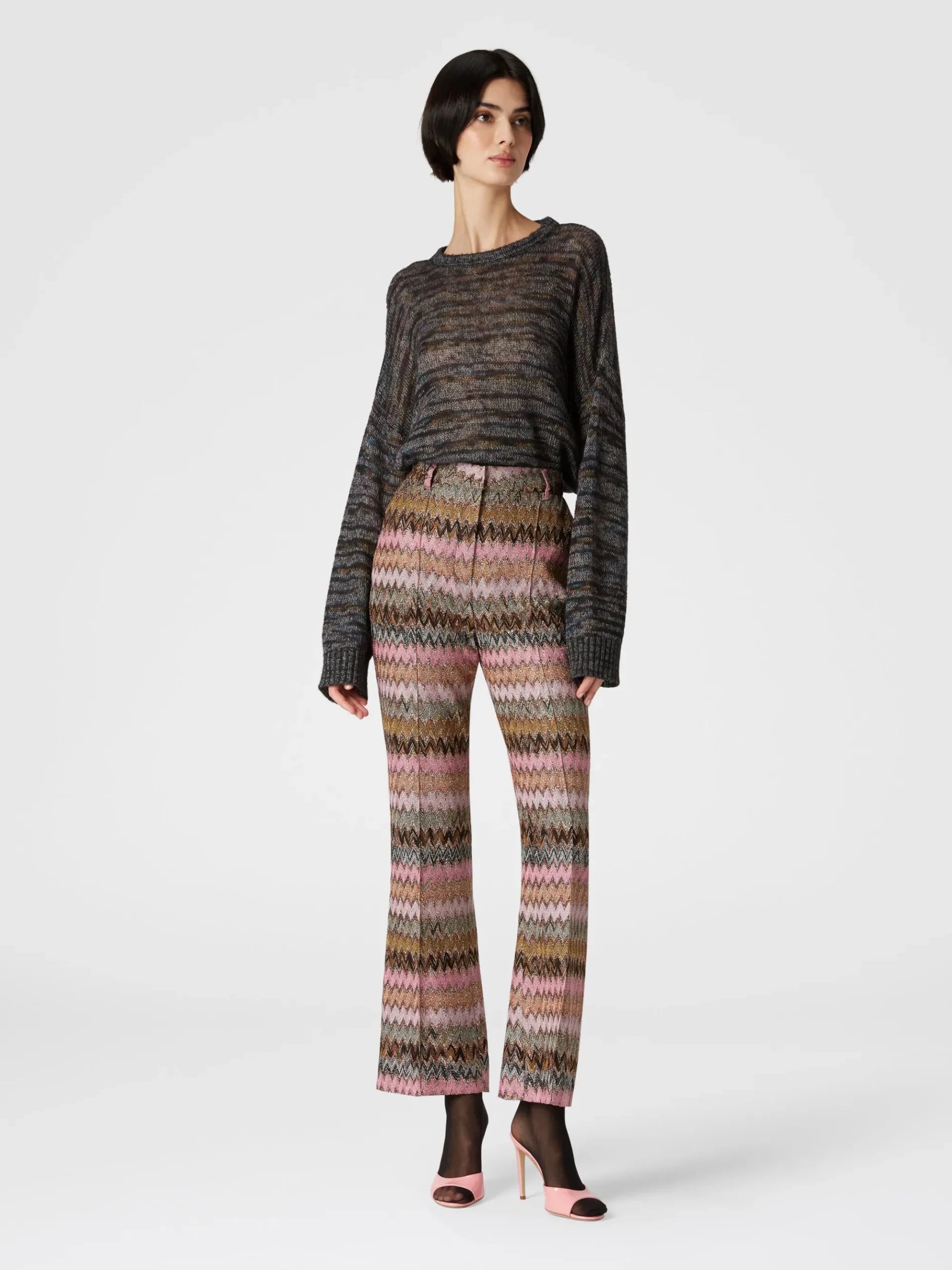 Zigzag lamé viscose blend cropped trousers