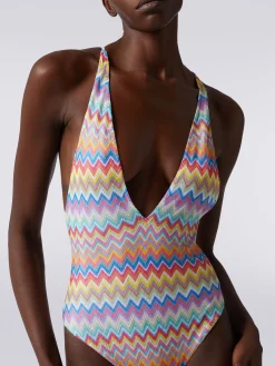 Zigzag print one-piece swimming costume with V-neckline