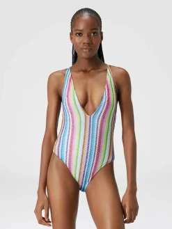 Zigzag print one-piece swimsuit with V-neckline