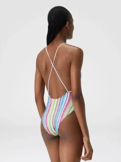 Zigzag print one-piece swimsuit with V-neckline