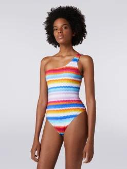 Zigzag print one-shoulder one-piece swimming costume