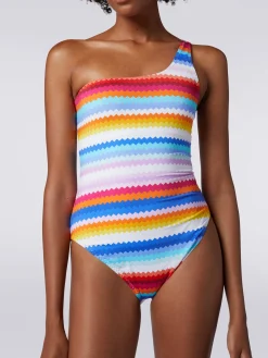 Zigzag print one-shoulder one-piece swimming costume