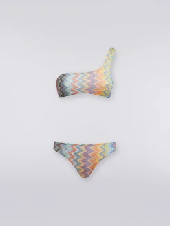 Zigzag viscose one-shoulder bikini with lurex