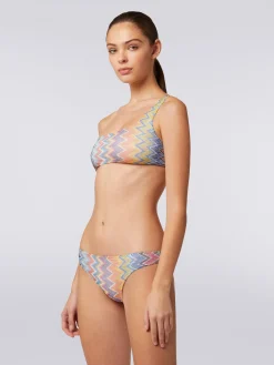 Zigzag viscose one-shoulder bikini with lurex